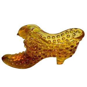 Vintage Fenton Glass Hobnail Slipper, Amber Yellow Glass Shoe with Cat Head